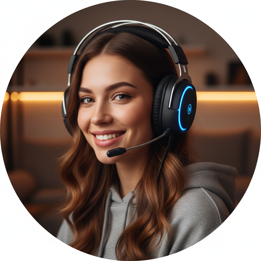 Crea una immagina di una ragazza con la cuffie da pc che sorride. L'immagine deve essere rotonda